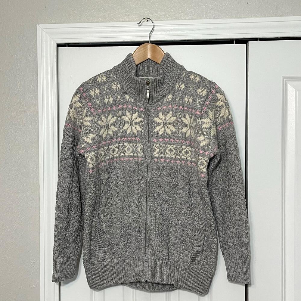 Aran Crafts Sweater Womens Small Gray Merino Wool Fair Isle Zip Nordic Ireland